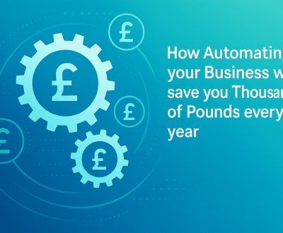 Illustration of gears and pound symbols representing business automation saving money every year.