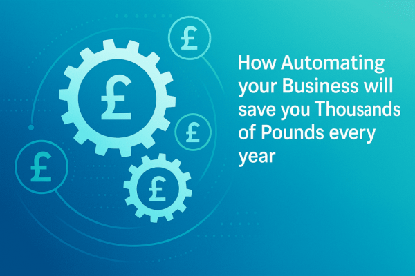 Illustration of gears and pound symbols representing business automation saving money every year.